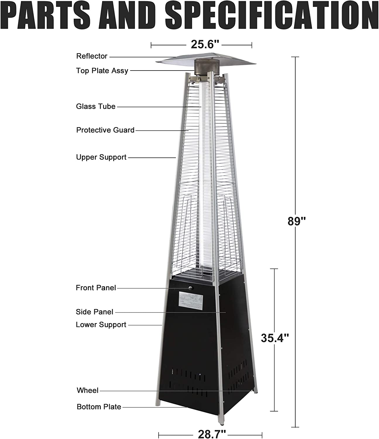 E-Macht 87" Outdoor Patio Heater, Pyramid Standing Gas LP Propane Heater with Wheels 42000 BTU, Black | e-macht.com