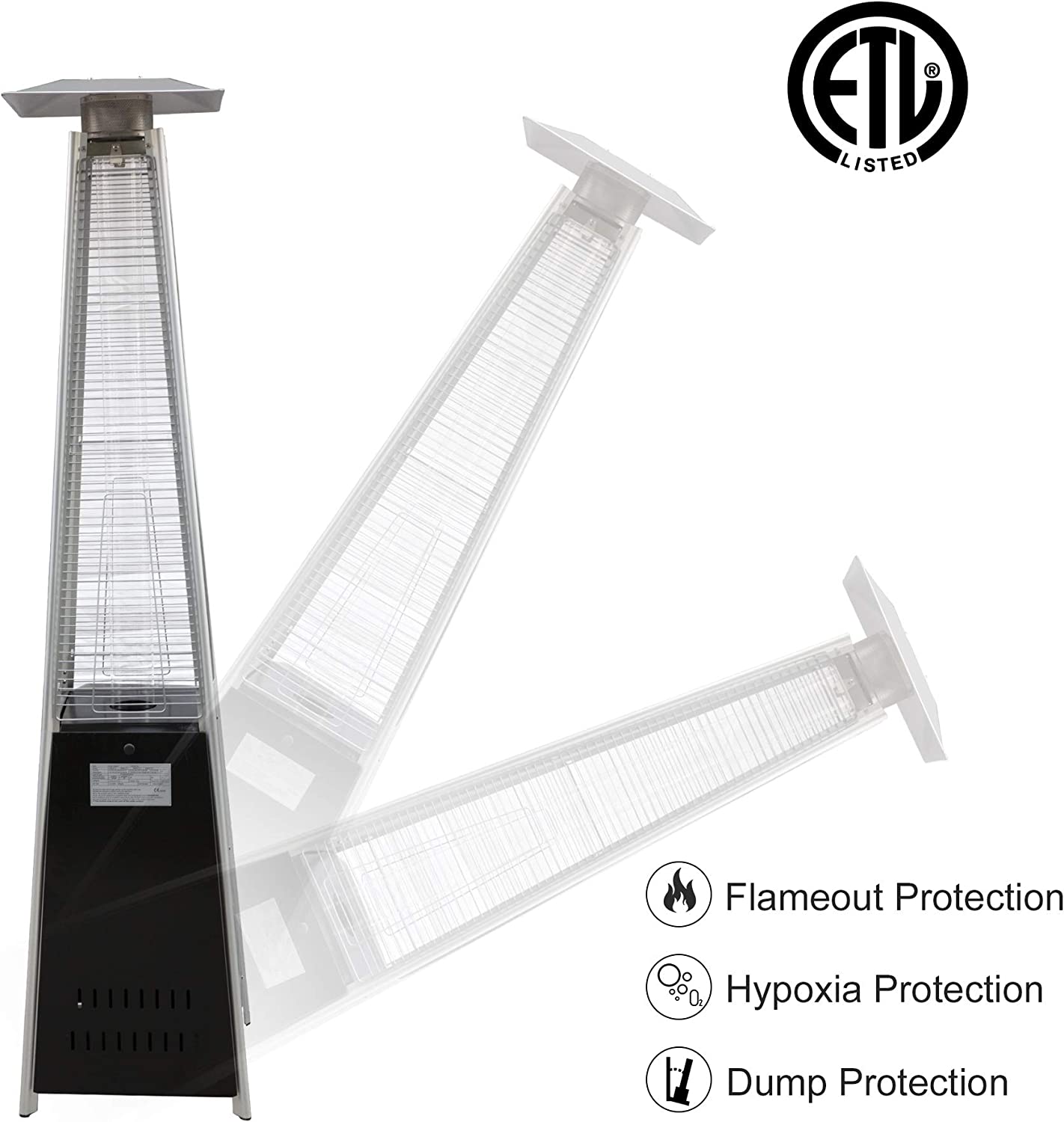 E-Macht 87" Outdoor Patio Heater, Pyramid Standing Gas LP Propane Heater with Wheels 42000 BTU, Black | e-macht.com