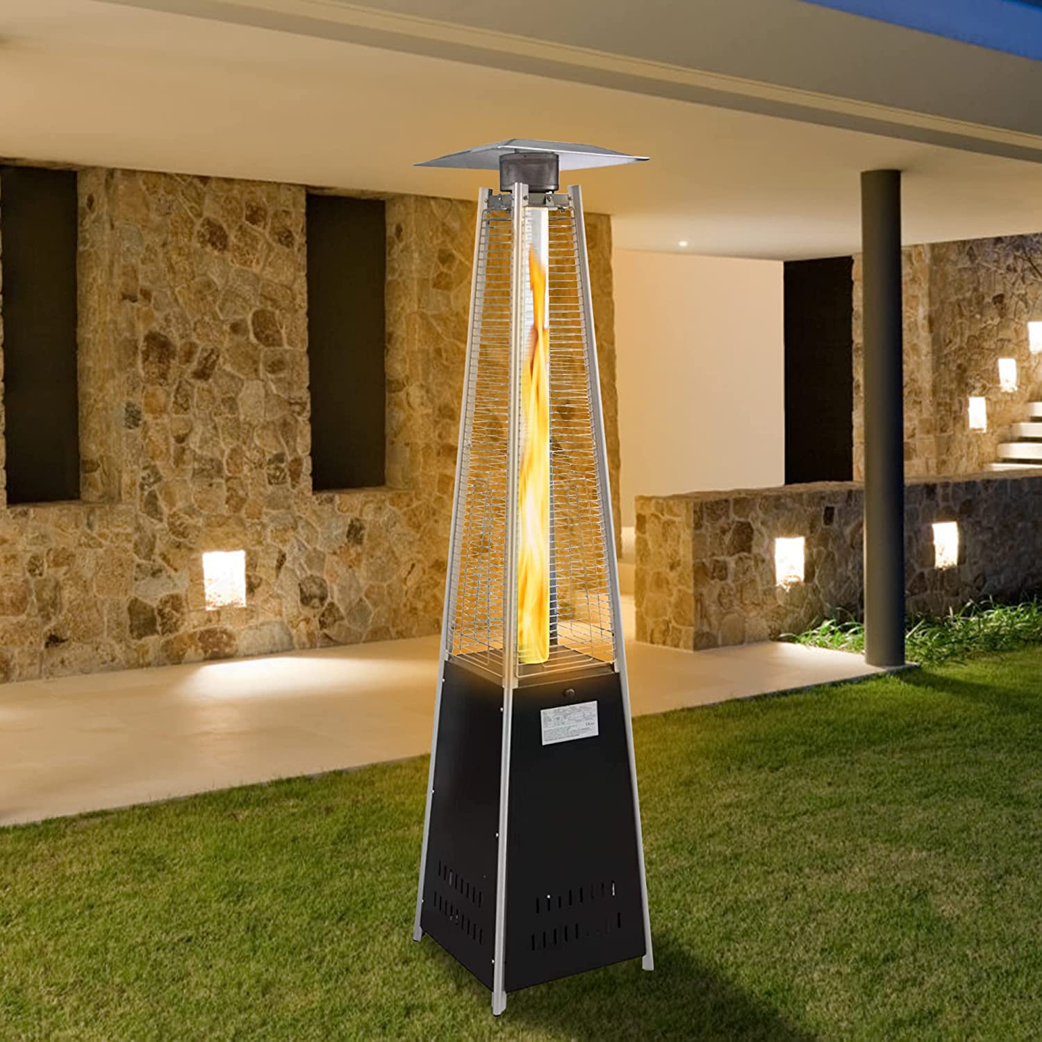 E-Macht 87" Outdoor Patio Heater, Pyramid Standing Gas LP Propane Heater with Wheels 42000 BTU, Black