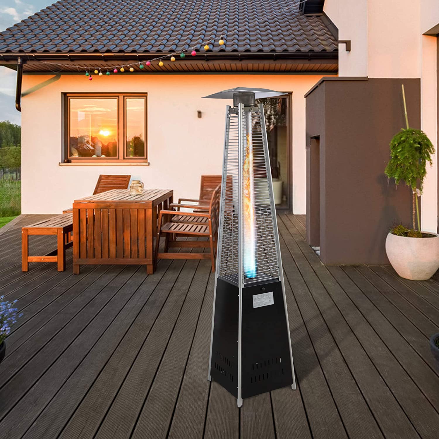 E-Macht 87" Outdoor Patio Heater, Pyramid Standing Gas LP Propane Heater with Wheels 42000 BTU, Black | e-macht.com