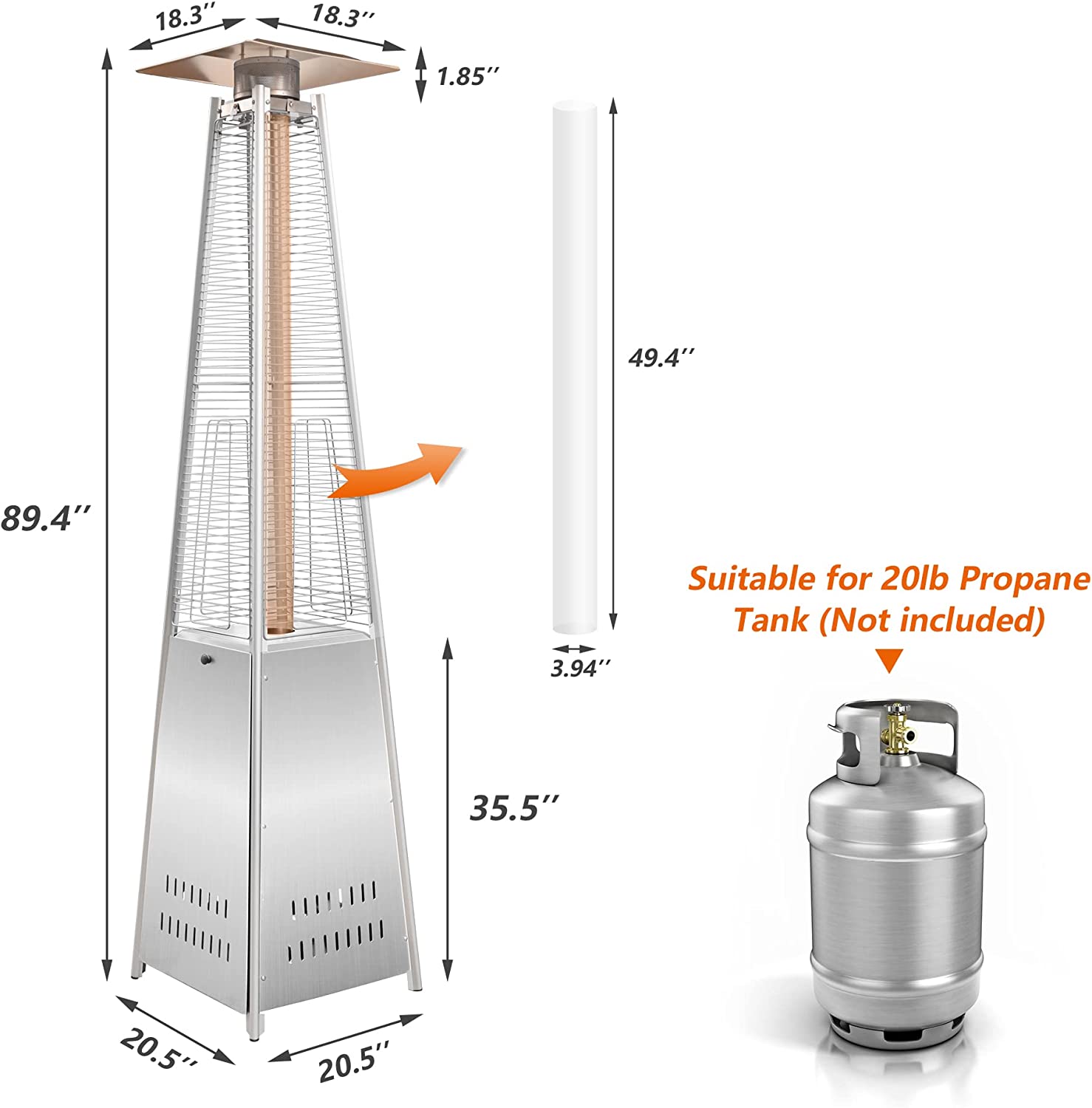 E-Macht 87" Outdoor Patio Heater, Pyramid Standing Gas LP Propane Heater with Wheels 42000 BTU, Sliver | e-macht.com