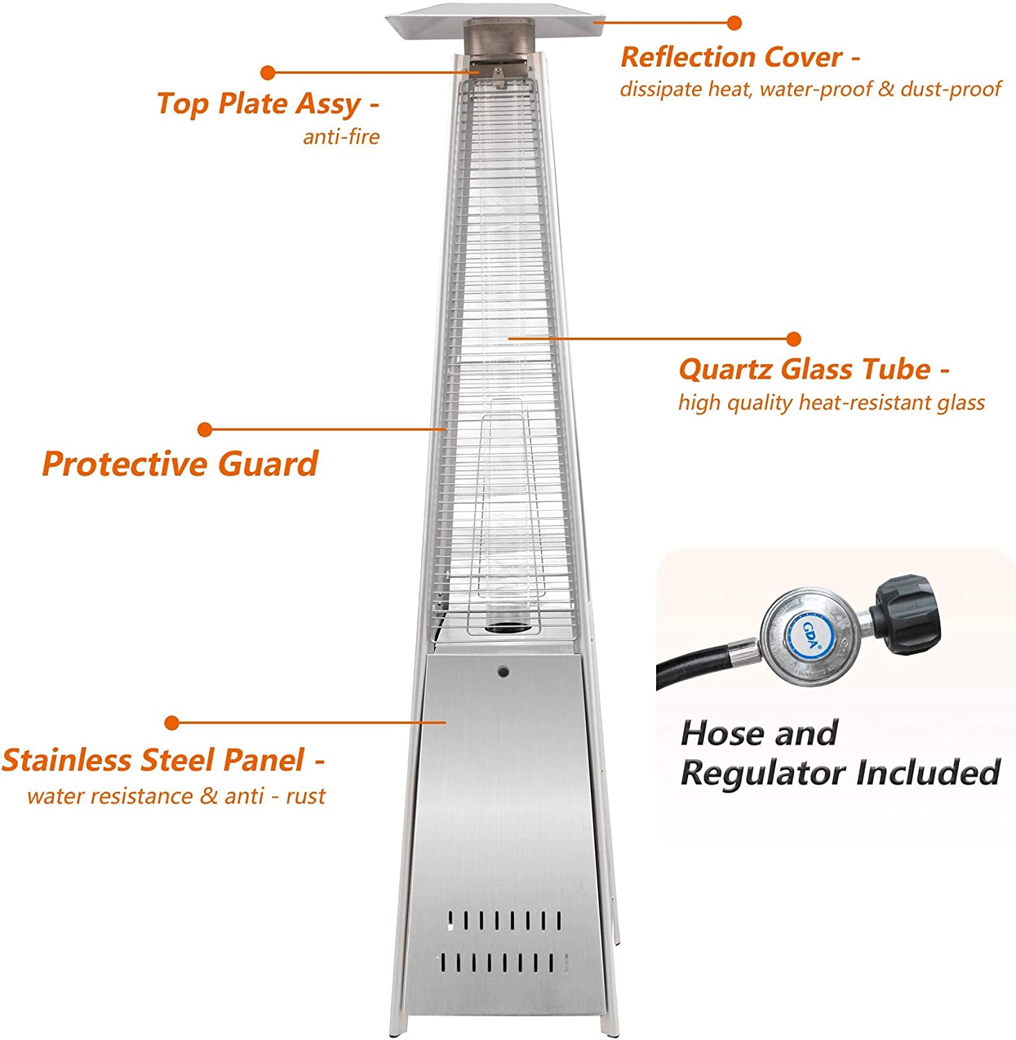 E-Macht 87" Outdoor Patio Heater, Pyramid Standing Gas LP Propane Heater with Wheels 42000 BTU, Sliver | e-macht.com