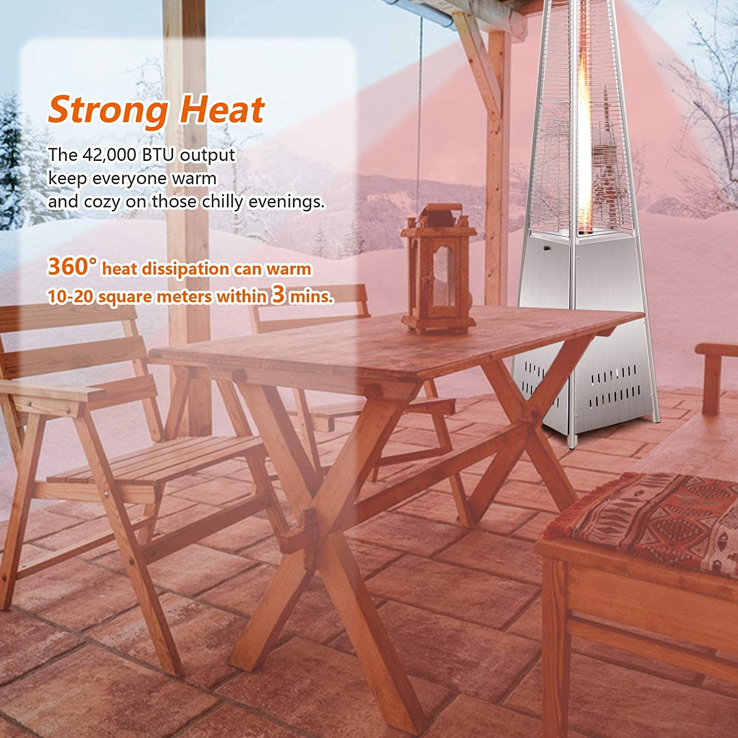 E-Macht 87" Outdoor Patio Heater, Pyramid Standing Gas LP Propane Heater with Wheels 42000 BTU, Sliver | e-macht.com