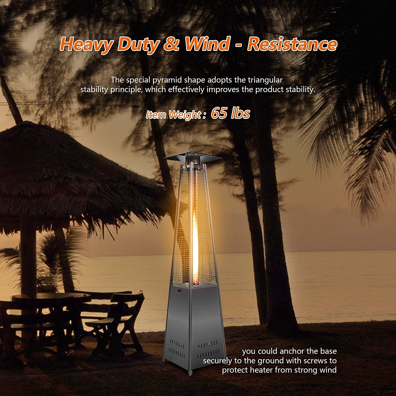 E-Macht 87" Outdoor Patio Heater, Pyramid Standing Gas LP Propane Heater with Wheels 42000 BTU, Sliver | e-macht.com