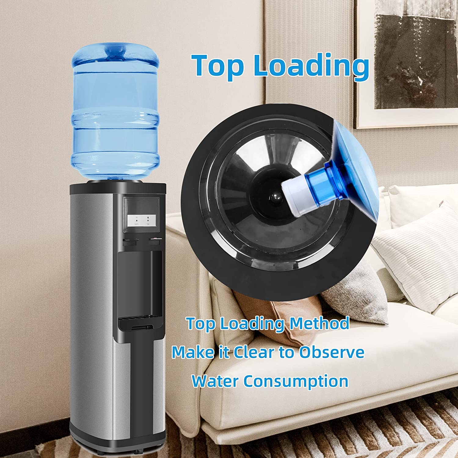 3-5 Gallon Top Loading Cold & Hot Water Dispenser, Black and Stainless Steel, ETL Listed, Child Safety Lock