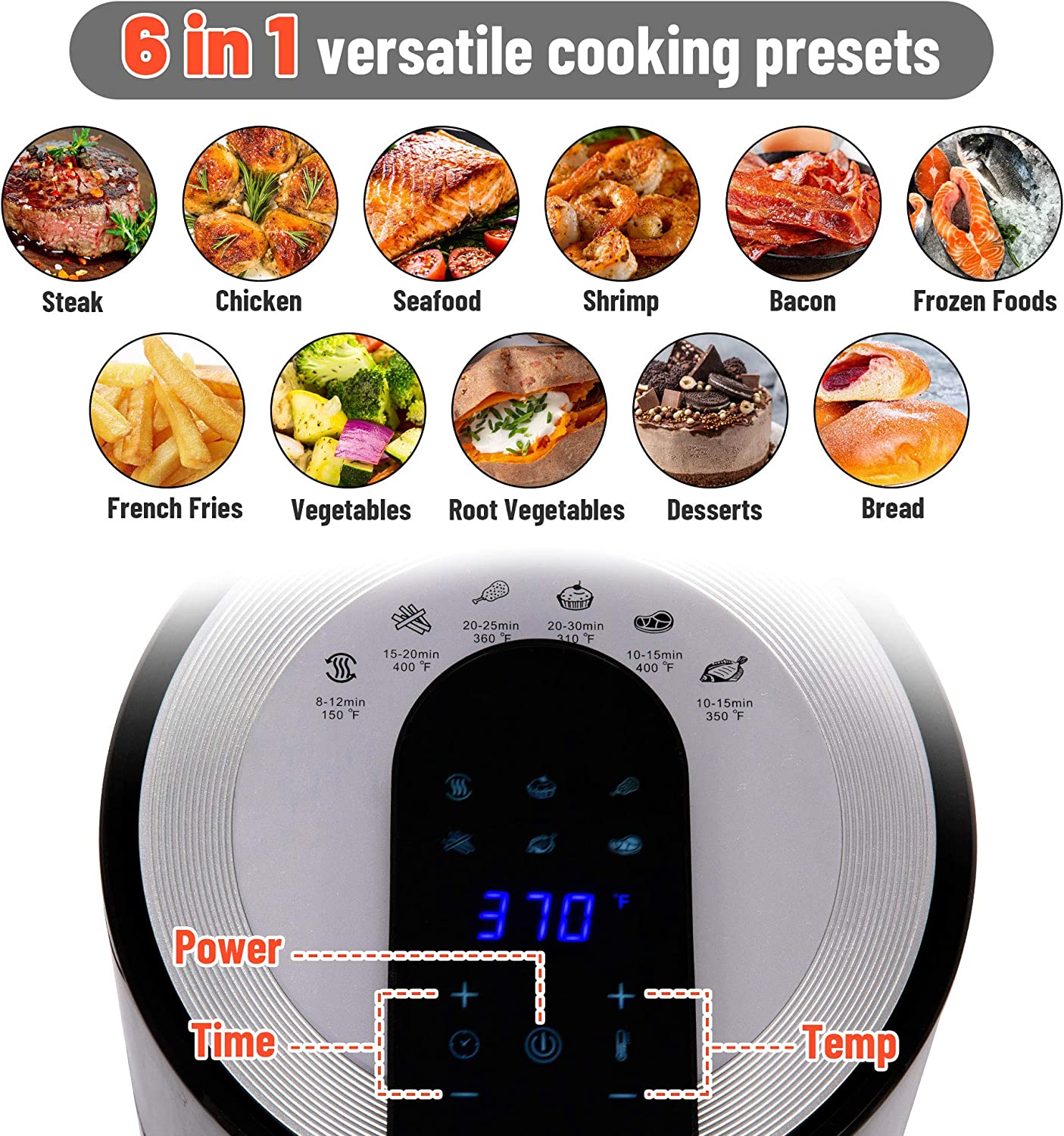 E-Macht 3.8 Quart Air Fryer, Electric Hot Oven Oilless Cooker with LCD Digital Screen