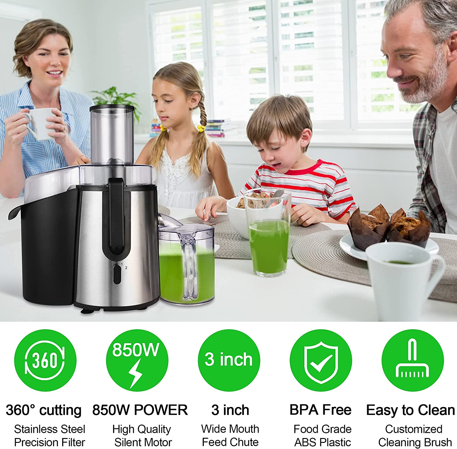 E-Macht Cold Press Juicer Extractor Machines Vegetable and Fruit with Big Mouth 3" Feed Chute, BPA-Free, 850W Motor