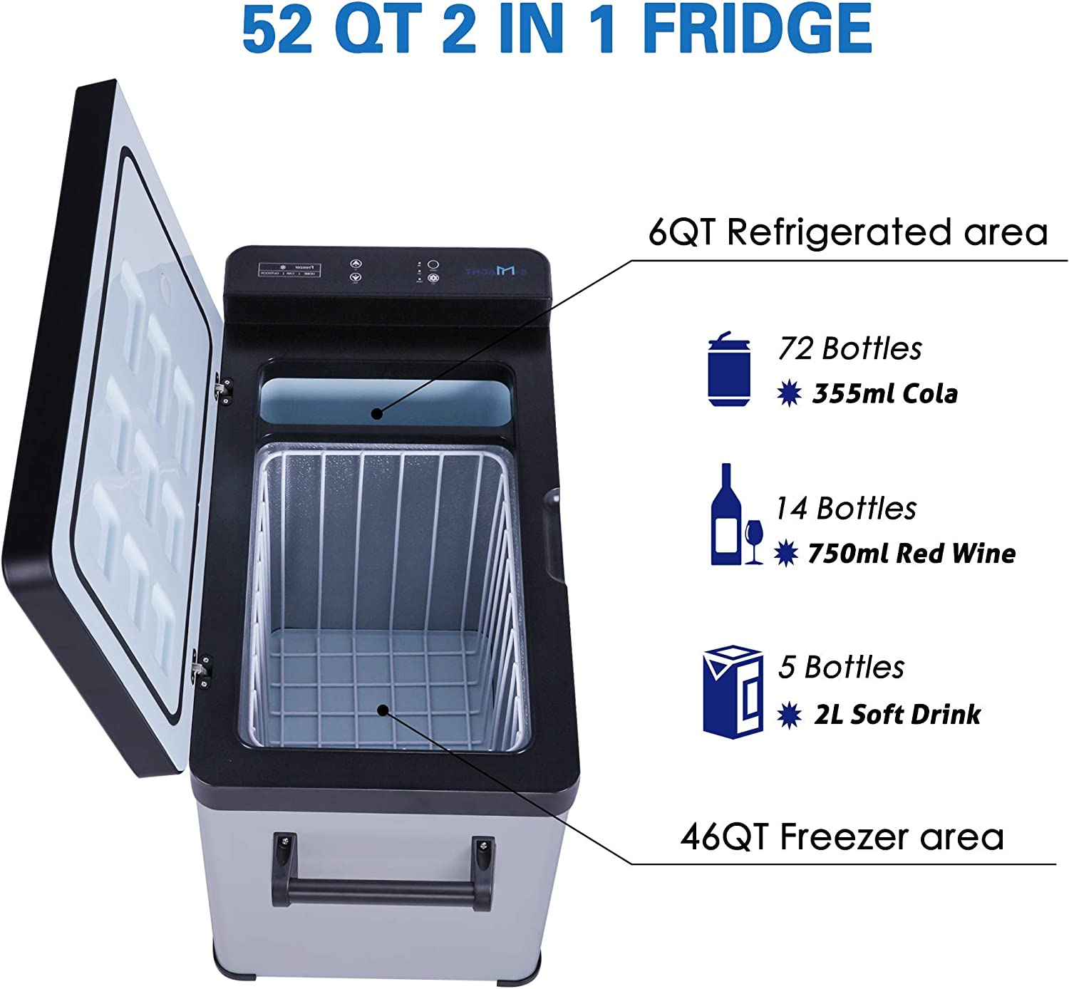 E-Macht Car Refrigerator 52 Quart 12V/24V DC Portable Refrigerator Freezer Electric Cooler -7.6℉ - 68℉ for RV | e-macht.com