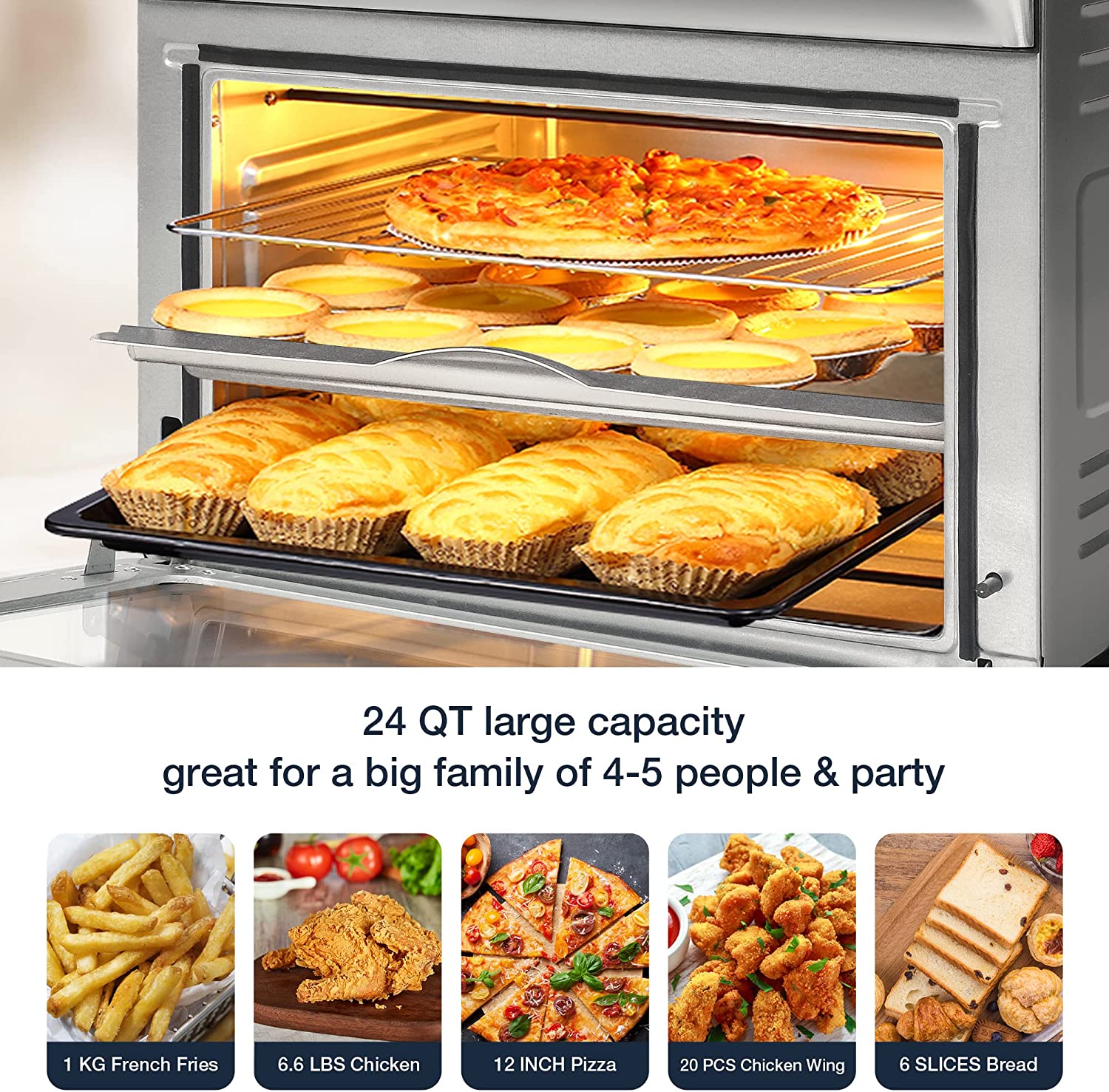 E-Macht 24 Quart Air Fryer Convection Toaster Oven Airfryer 10 Stainless Steel Small Appliance 1700W Large Airfryer