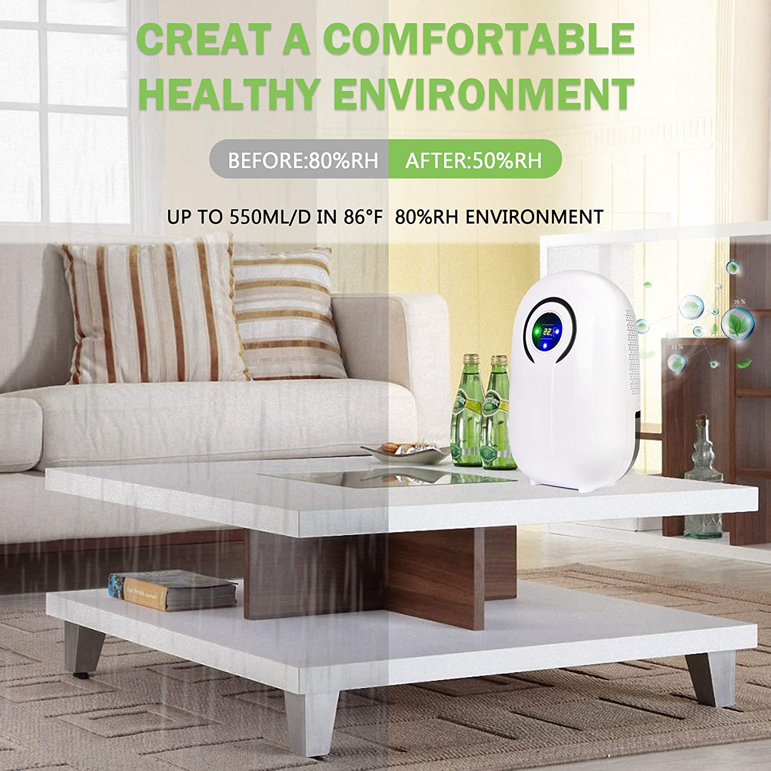 E-Macht Dehumidifier with LCD Display 38oz(1100ml) and  Auto Shut-off, Up to 430 Sq.ft