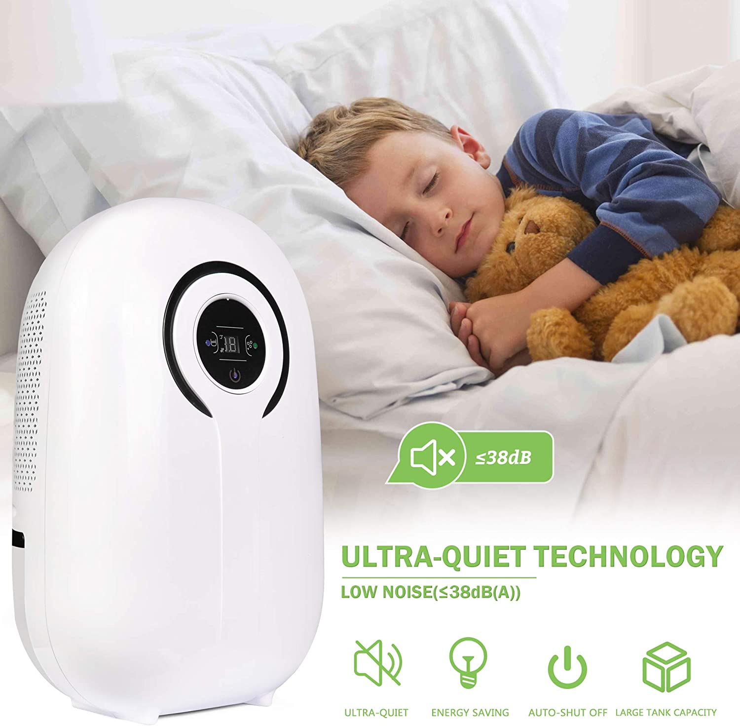 E-Macht Dehumidifier with LCD Display 38oz(1100ml) and  Auto Shut-off, Up to 430 Sq.ft