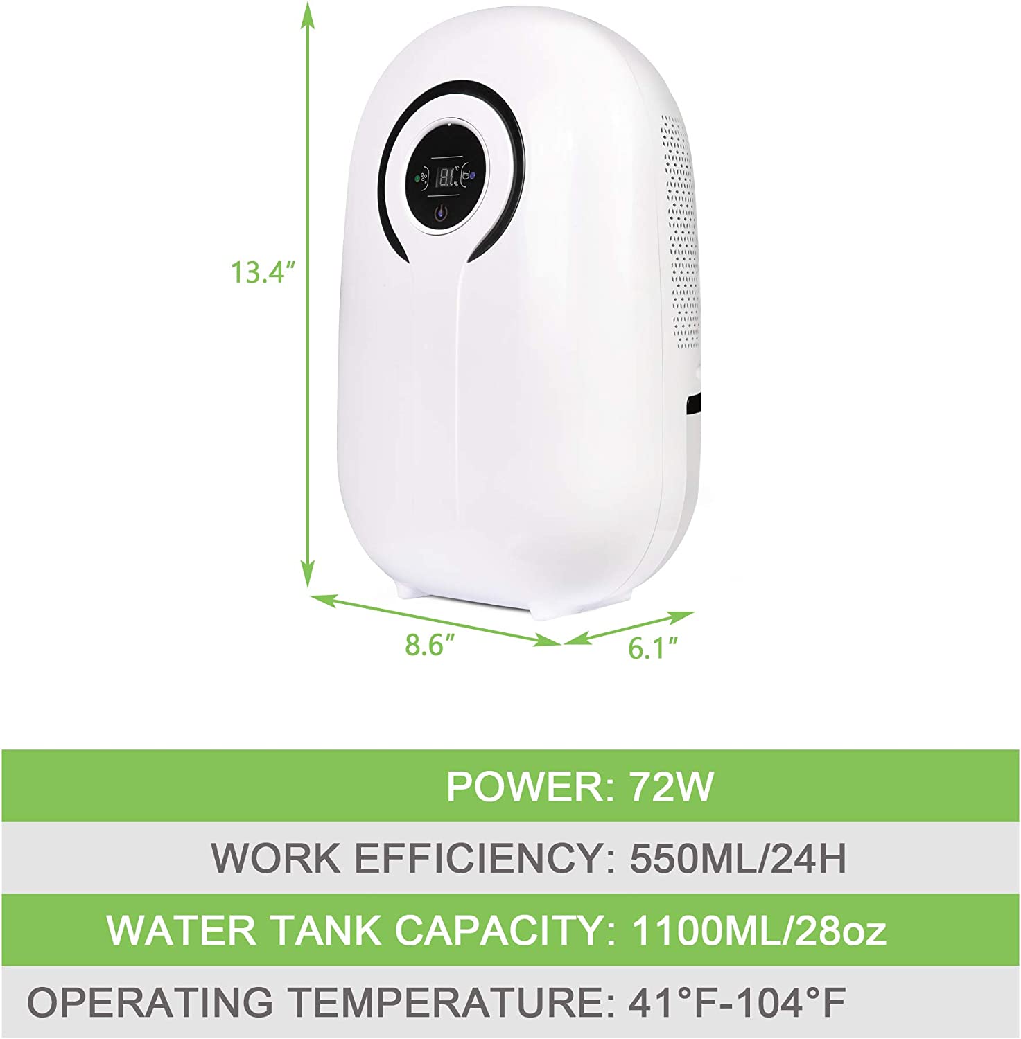 E-Macht Dehumidifier with LCD Display 38oz(1100ml) and  Auto Shut-off, Up to 430 Sq.ft